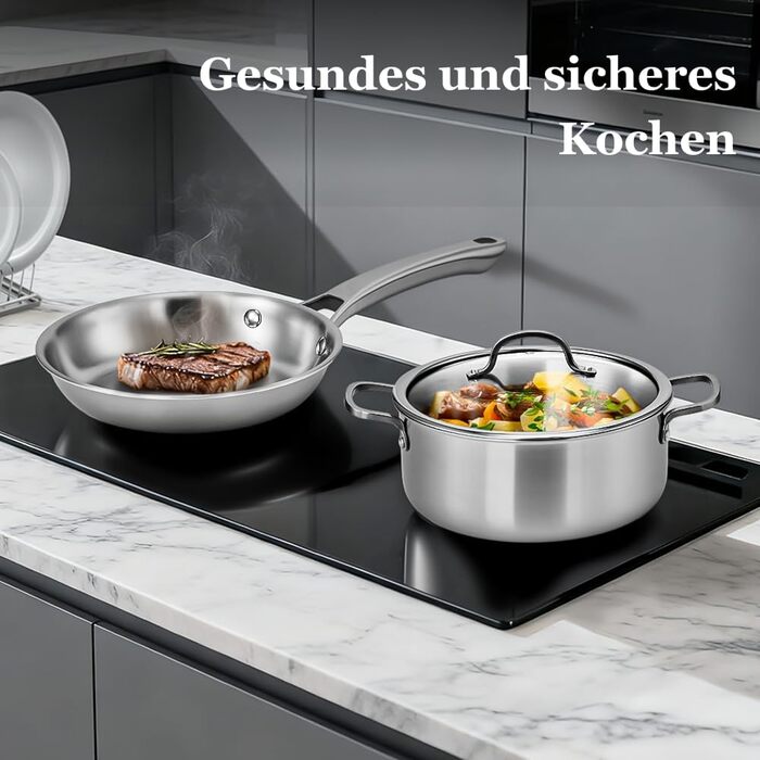 Набір каструль LeadZM з керамічним покриттям (22 шт.) для індукційних плит, сумісний з усіма плитами, без PFOA/PFOS (Бежевий) + Набір з 11 предметів з нержавіючої сталі (Сріблястий)