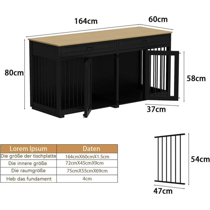 Клітка для собак XXL з шухлядами та дверима, чорна, 164 x 60 x 80 см, залізо