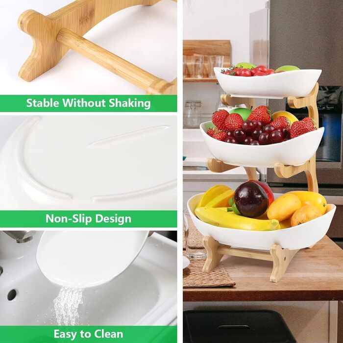 Керамічна етажерка для фруктів Dreamhigh® з 3 ярусами, економна та стійка, сучасна фруктова та овочева миска з бамбуковою підставкою