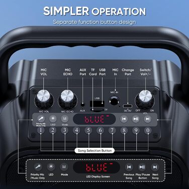 Портативна караоке-машина з Bluetooth та 2 мікрофонами, PA-система з LED-підсвічуванням для дорослих та дітей (Чорний)