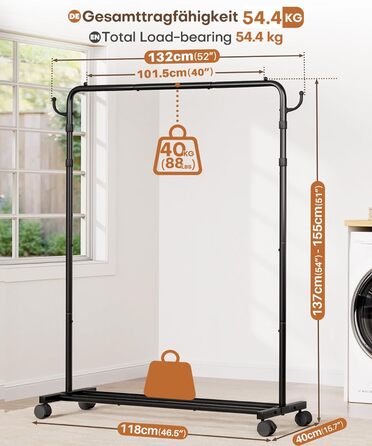 Стійка для одягу на колесах Yorbay: міцна металева вішалка з полицею для багажу. Компактна вішалка для спальні, пральні, магазину (Чорний, 117.5 см)
