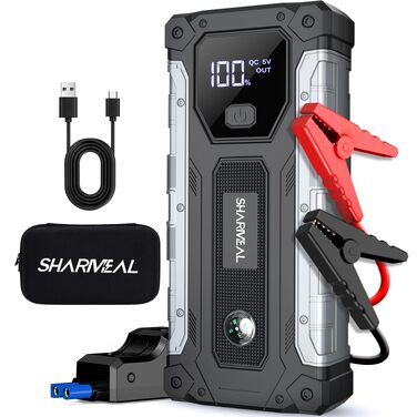 Бустер для автомобіля SHARMEAL 10000A: Потужний пусковий пристрій (Jump Starter) 12V для бензинових та дизельних двигунів до 10.0 л, з LCD-дисплеєм та LED-ліхтарем