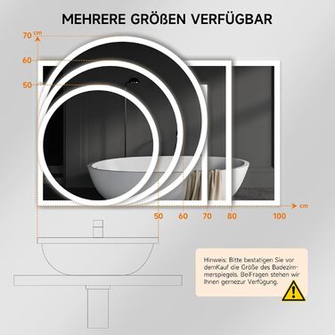 Круглий дзеркало для ванної кімнати YOLEO з підсвічуванням, 60 см, сенсорне керування, захисне скло, 3 кольори світла, регулювання яскравості, 70x50 см