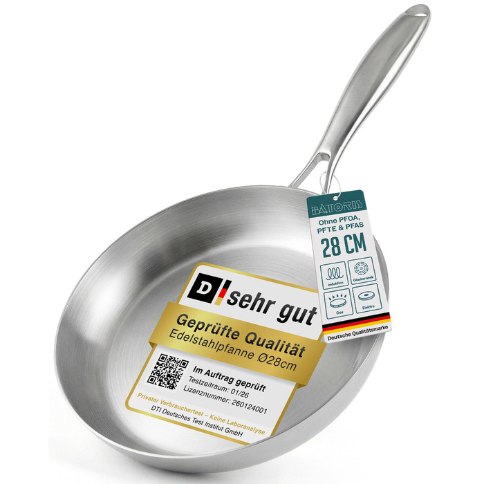 Сковорода нержавіюча сталь Edelstahlpfanne 24 см для індукції, професійна сковорода для стейків та пасти без покриття, універсальна, без PFOA, PTFE та PFAS, жаростійка