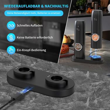 Electric Salt and Pepper Grinder 2-Piece Set, Rechargeable Spice Grinders with Double Charging Station, White LED Light, and Adjustable Coarse Grind