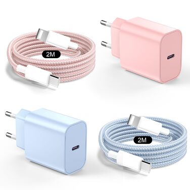 Зарядний пристрій 20W USB-C з кабелем Lightning для iPhone 14/13/12/11/X/XR/XS/Mini/SE - 2 шт. (Синій + Рожевий)