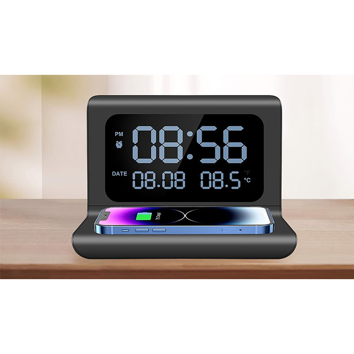 Годинник з бездротовою зарядкою для телефону, LED-дисплей, 15 Вт