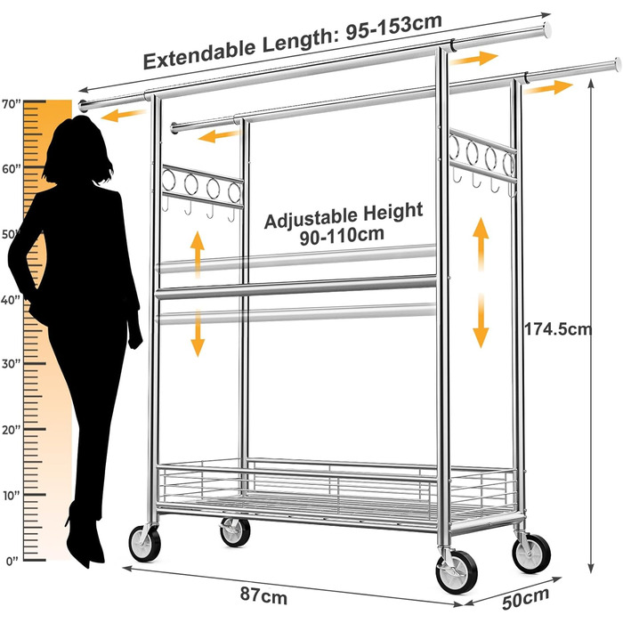 Вішалка для одягу Bomclap з міцним навантаженням, хромована, з колесами, висувна, 3 перекладини, 8 гачків, металева полиця, до 160 кг
