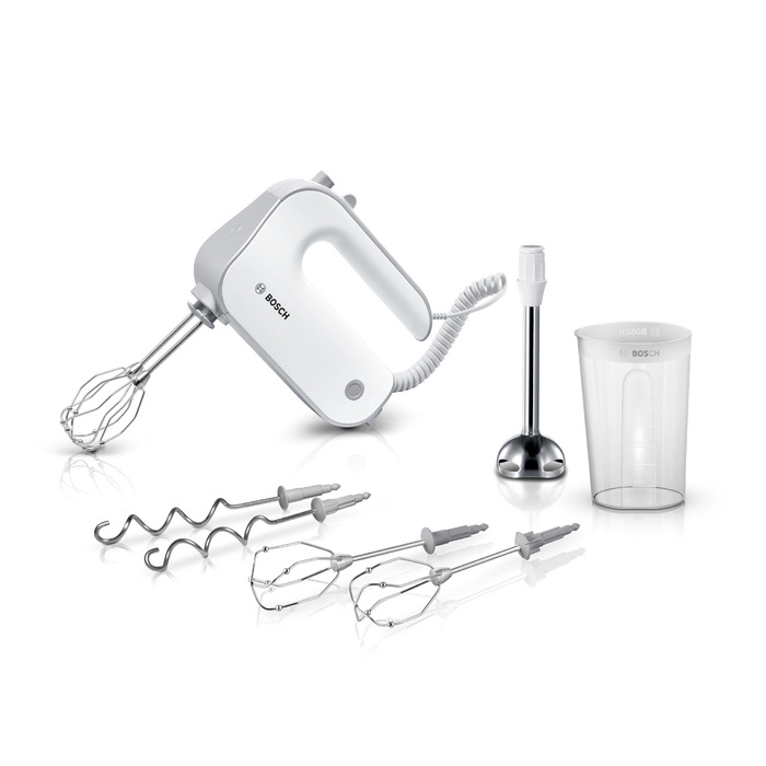 Міксер Bosch Styline MFQ4075DE: 550 Вт, 5 швидкостей + турбо, 2 віна, 2 гаки для тіста, блендер, чаша, білий/срібний