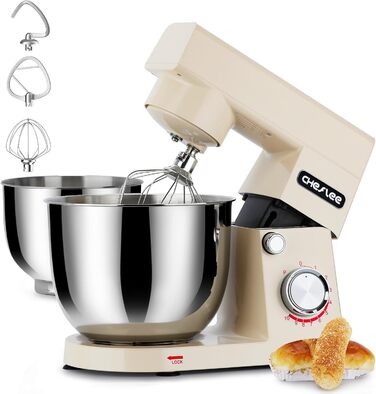 Кухонний комбайн Cheflee 1500W з місткими чашами 4.5 та 5.5L з нержавіючої сталі, 10+ швидкостей, з гаками для тіста, вінчиком та насадками для збивання, з кришкою-розбризкувачем