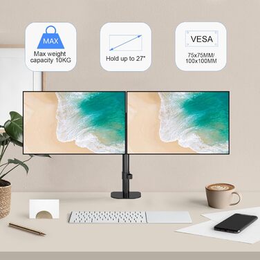 Підставка для монітора Pholiten: 2 монітори, 13-27 дюймів, до 10 кг, VESA 100x100mm, чорний