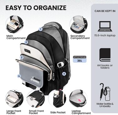 Шкільний рюкзак-тележка для дівчаток-підлітків, рюкзак для школи на колесах, знімний тролей, шкільний ранець для початкової та середньої школи, сумка для подорожей з 6 колесами, 36L - Зелений (Чорний)