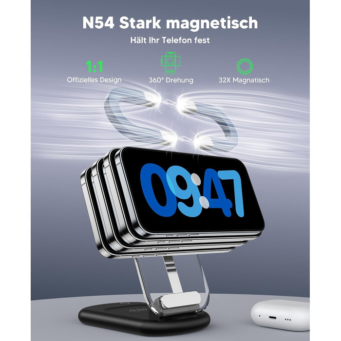 Зарядний пристрій MagSafe 3-в-1 для iPhone 17/16/15/14/13/12 Pro Max/Air/Plus/Pro та Apple Watch 10/9, AirPods 3/2/Pro, чорний