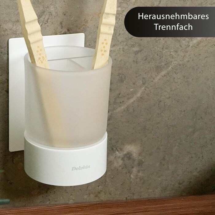 Dolvhin® Toothbrush Holder without Drilling | Frosted Glass Toothbrush Cup for Gluing | Tooth Cup & Wall Bracket Toothbrush Holder Stainless Steel | Toothbrush Cup & Toothbrush Organizer | Matte White
