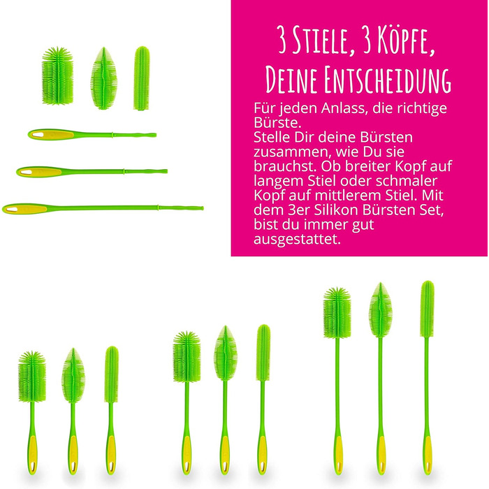 Kochblume Silicone Brush Set, 3-Piece with Interchangeable Heads | Bottle Brush, Dish Brush, Antibacterial, Germ-Free (anthracite)