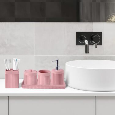 Набір аксесуарів для ванної кімнати XLHOMO, 5 шт. з штучного каміння: дозатор для рідкого мила/лосьйону, тримач для зубних щіток, чашка, контейнер для ватних паличок та органайзер для косметики, рожевий
