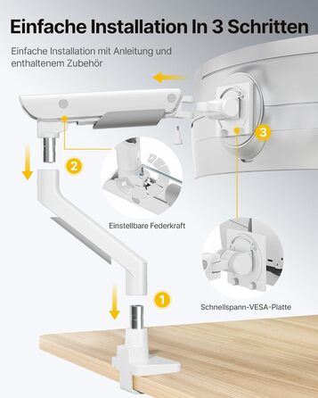 Кронштейн для монітора monTEK для Ultrawide екранів 17–57 дюймів до 27 кг, пневматичний ліфт, регулювання висоти, VESA 75x75/100x100, білий