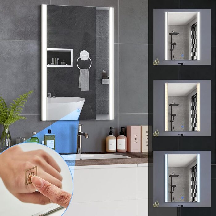 Дзеркало для ванної кімнати CLIPOP з підсвічуванням LED, сенсорне управління, IP44, 3 кольори світла, 40x50 см