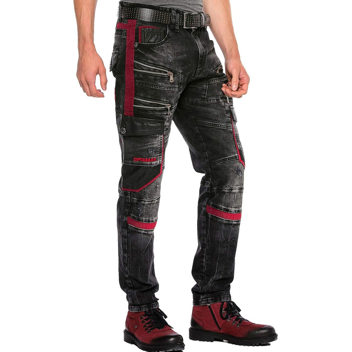 Чоловічі джинси Cipo & Baxx Cargo Regular Fit Straight Biker Used Look чорні W40 L32