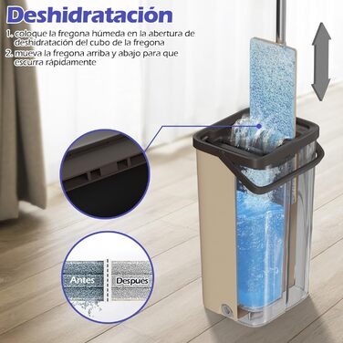 Набір для миття підлоги з відром, 2 в 1, з регульованою ручкою з нержавіючої сталі та 6 мікрофібровими насадками, для плитки та ламінату, сіро-коричневий