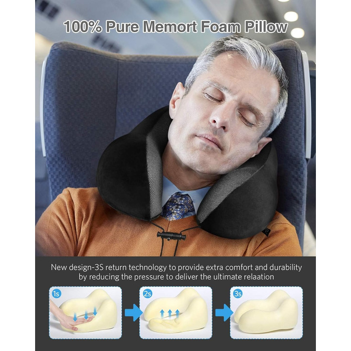 Подушка для шиї Homiee, ортопедична, з memory foam, для подорожей, авто, офісу, чорна