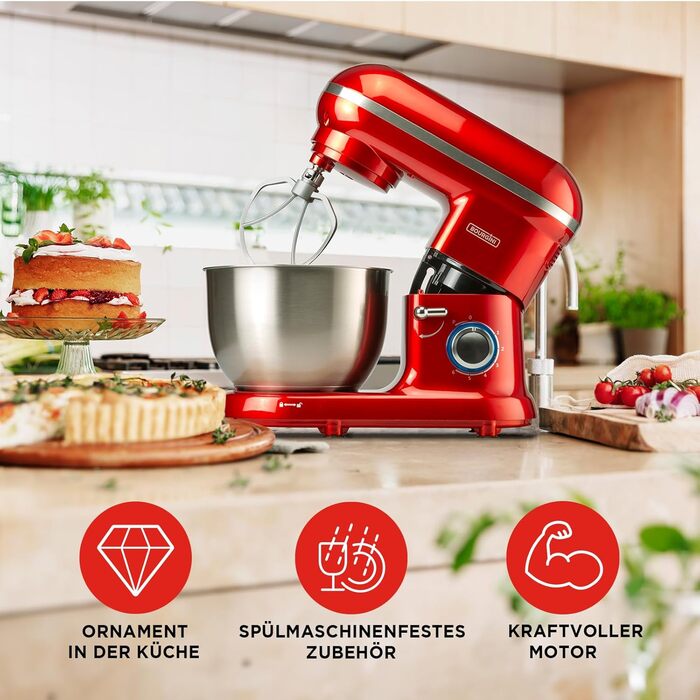 Stand Mixer - Classic Kitchen Chef Red - Kitchen Mixer - Food Processor with 4.5 Liter Capacity, 1300-Watt Motor