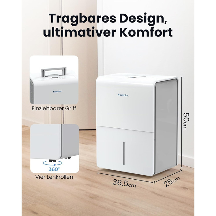 Електричний осушувач повітря Newentor 25L для дому, підвалу, 215 м³/80 м², з таймером, фільтром, шлангом, гарантія 10 років