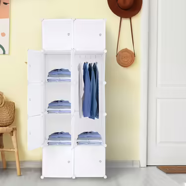 Modular wardrobe system, 10 dice, plastic wardrobe with doors, modular cabinet for space-saving storage, 70 x 45 x 175 cm, White door & Black cabinet. Storage for clothing, shoes, etc. (70 x 45 x 150 cm, White-1)