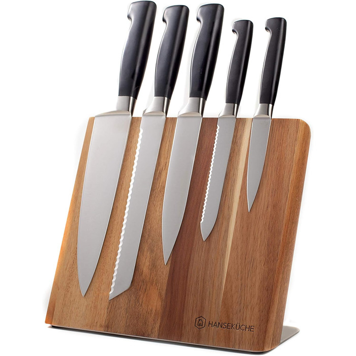 Hansekitchen Knife Holder Magnetic – Magnetic Knife Block Made of Acacia Wood, High-Quality Knife Board with Magnet, Magnetic Knife Holder without Knives - with Magnetic Strip (Brown)
