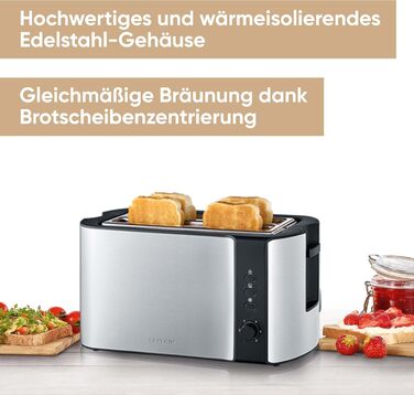 Тостер Severin AT 2590 з 4 відсіками для тостів, з підставою для бургерів, нержавіюча сталь, 1400 Вт
