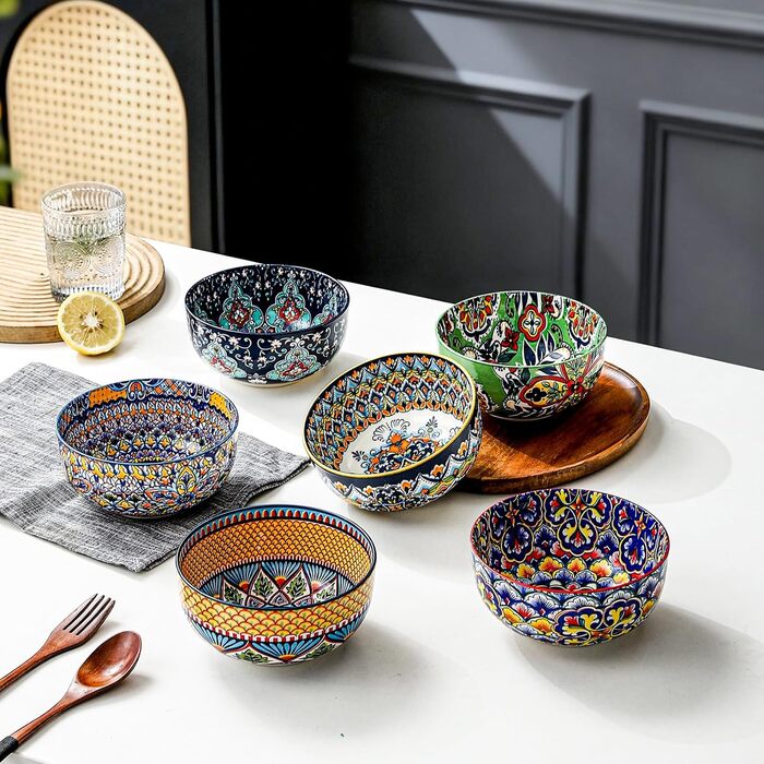 HENXFEN Набір з 6 порцелянових мисок для мюслі, супу, салату, 850 мл. Богемний квітковий дизайн, 6 кольорів