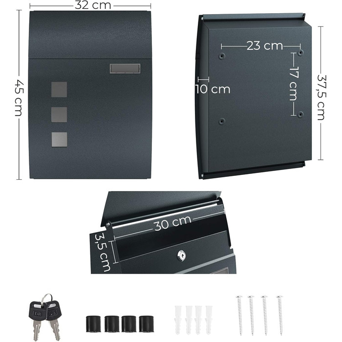 Поштовий ящик настінний SONGMICS з вікном, для імен та 2 ключів, сірий антрацит GMB030G02