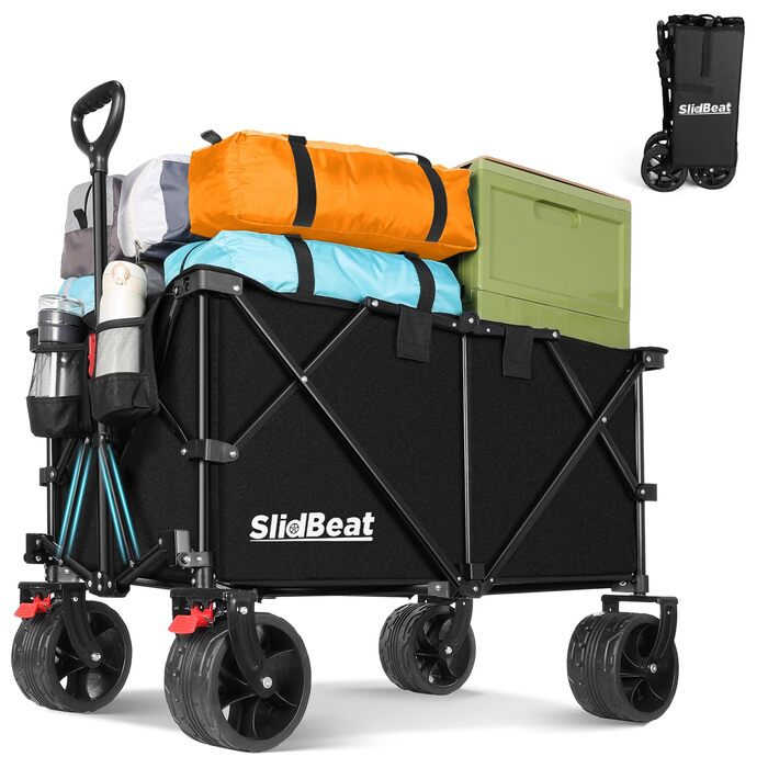 Візок-садок SLIDBEAT XXL 220L 200кг, складний, з гальмами, тримачем для напоїв, регульованою ручкою, колесами для бездоріжжя - для кемпінгу, саду, покупок, чорний