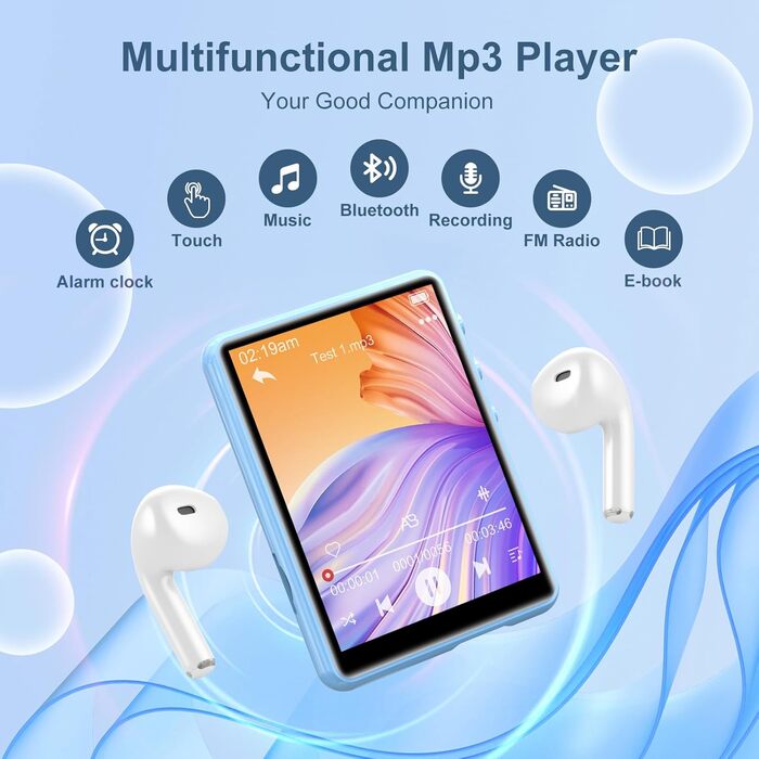 MP3-плеєр 64GB Bluetooth 5.3 з сенсорним екраном 2.4' для дітей, FM-радіо, запис голосу, Line-In (Чорний, Синій)