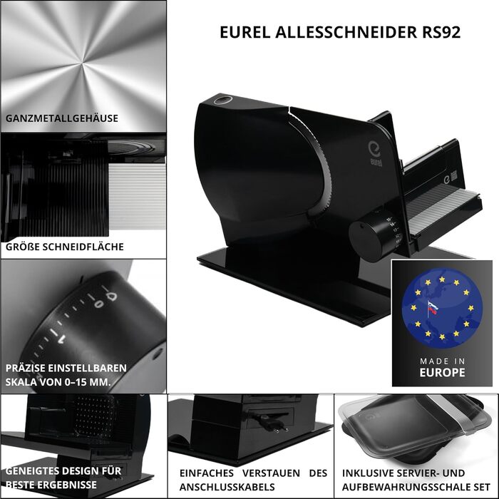 EUREL RS92 Electric Food Processor - Stainless Steel Blade, Adjustable 0-15mm, Glass Plate, Serving & Storage Set, 100W