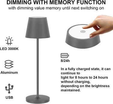 LED акумуляторна настільна лампа Klighten 2 шт. з регулюванням яскравості, для дому та вулиці, з USB зарядкою, 3000K, IP54, алюміній (темно-сірий)