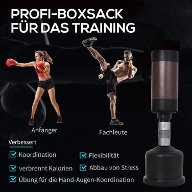 HOMCOM Standboxsack Boxpuppe Height Adjustable 158-186 cm, Punching Dummy for Training, Punching Partner, Black and Brown