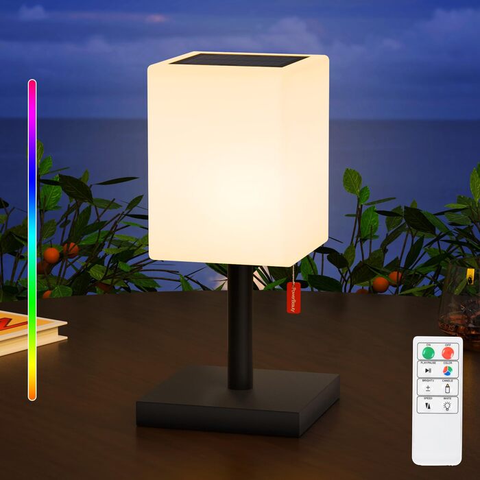 Світлодіодний солярний настільний світильник для вулиці 2-в-1, чорний - бездротовий, з сонячною зарядкою, 8 кольорів, для саду, кемпінгу та столу