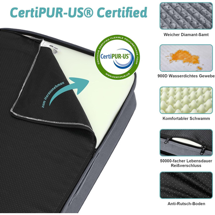 Ортопедичне ліжко для собак, маленьких порід, водовідштовхуваче, сіре, 76x51x19 см