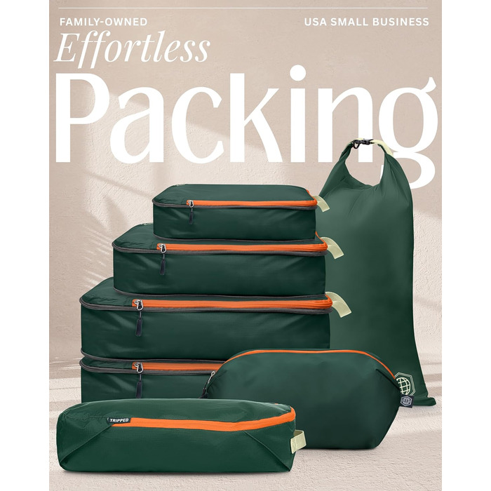 Набір органайзерів для подорожей Trippped Travel Gear: 7 шт., великий розмір, компресійні, для одягу (зелений/помаранчевий)