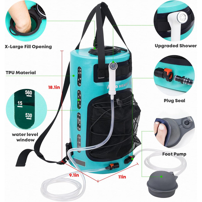 WILD HEAT Camping Shower 12L Portable Shower for Camping with Foot Pump and Shower Bag Backpack for Camping (22L, Turquoise)
