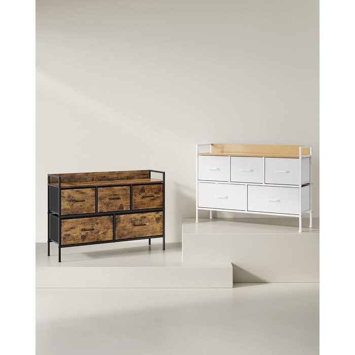 SONGMICS Chest of Drawers, Cabinet, 7 Fabric Drawers with Handles, Metal Frame, Industrial Design, Vintage Brown + Ink Black LTS137B01 (Vintage Brown + Ink Black, 29W x 98.2D x 70H cm)