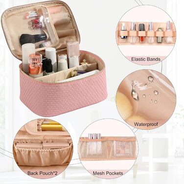 Жіноча косметичка для подорожей, водонепроникна, з відділенням для пензлів, з PU шкіри, велика, органайзер, сумка для макіяжу (Хвилястий зелений) (Світло-рожевий)