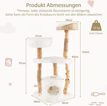 Дерев'яна кігтеточка SOARS для котів з 3 природними стовбурами, ліжком та плюшевими поверхнями, з іграшковим м'ячиком та джутовим мотузком, багатоповерхова, біла (124 см)