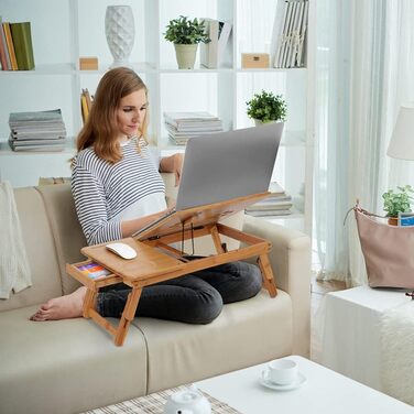 Бамбуковий портативний стіл-підставка для ноутбука з ящиком та вентиляційними отворами, регульований, багатофункціональний для ліжка та дивану