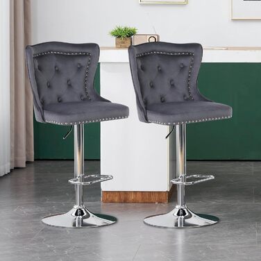 KHISCHMO Set of 4 Velvet Bar Stools - Modern Kitchen Counter Stools with Lion Paw Pulls - Adjustable Height, 360° Swivel - Black (Gray)