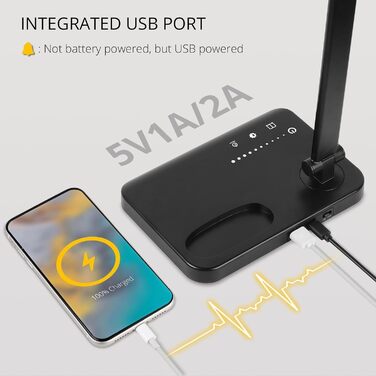 iVict LED лампа для столу з двома регульованими важелями, сенсорне керування, 5 режимів яскравості, таймер автовимкнення на 45 хвилин, USB-порт для зарядки, функція пам'яті, для дітей, білий (чорний)