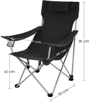 Кемпінговий стілець SONGMICS зі спинкою та підлокітниками, чорний, до 150 кг