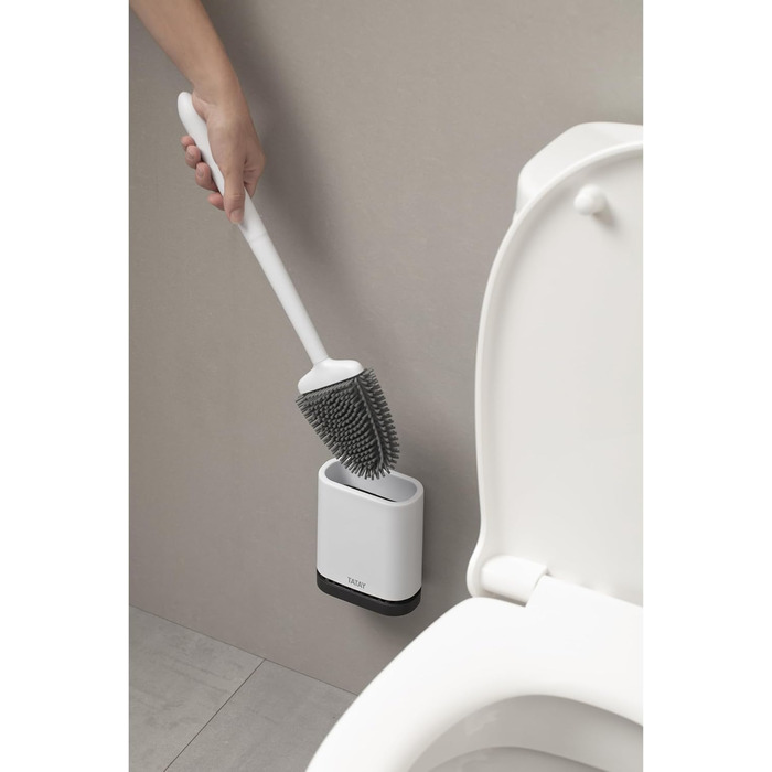 ТАТАЙ Щітка для унітазу з нержавіючої сталі з підставкою | Сучасний дизайн | З внутрішнім контейнером | Легко миється | Для гігієни у ванній кімнаті | 9 x 9 x 37 см | Силіконова щітка