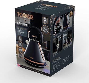 Електричний чайник Tower T10044RG Pyramiden-Wasserkocher 1.7л, нержавіюча сталь, 3000W, чорний та рожеве золото, знімний фільтр, Rapid Boil